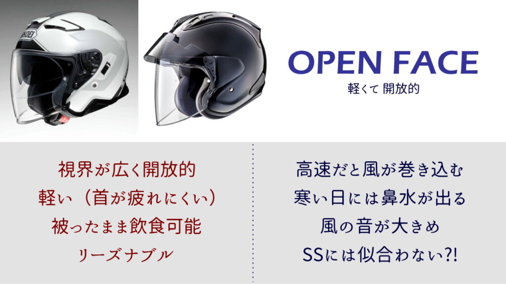 オープンフェイス（ジェット）ヘルメットの特徴